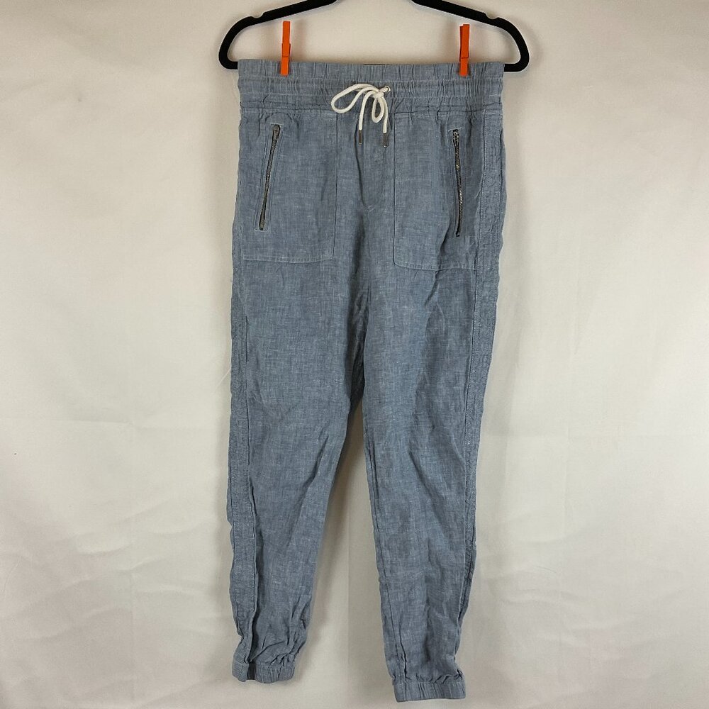 Athleta Cabo Linen Jogger Pants 4 Blue Elastic Waist Zipper Pockets